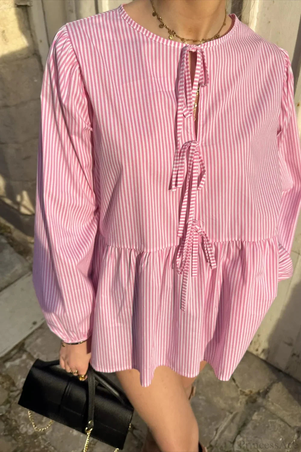 Striped Loose Fit Lace-Up Round Neck Blouse image 12