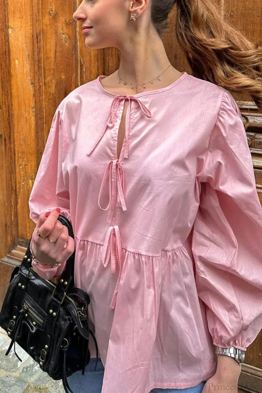 Striped Loose Fit Lace-Up Round Neck Blouse image 3
