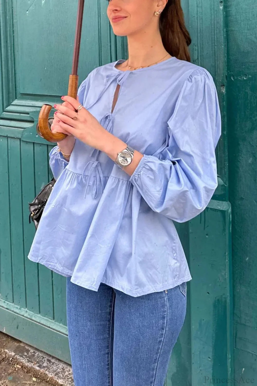 Striped Loose Fit Lace-Up Round Neck Blouse image 6