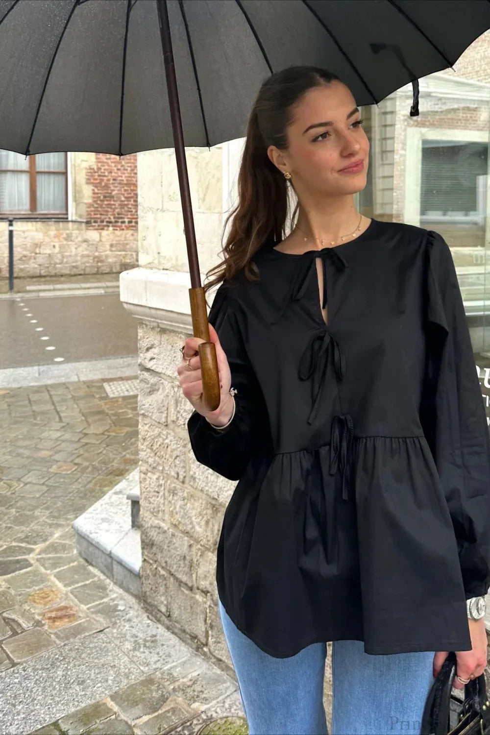 Striped Loose Fit Lace-Up Round Neck Blouse image 9