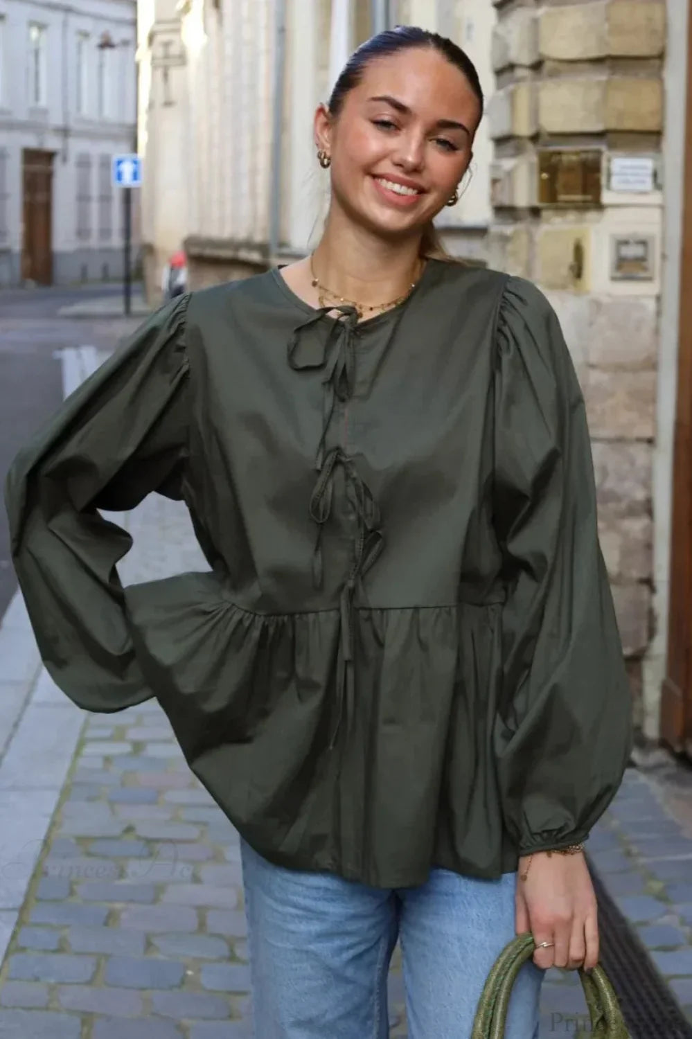 Striped Loose Fit Lace-Up Round Neck Blouse image 11
