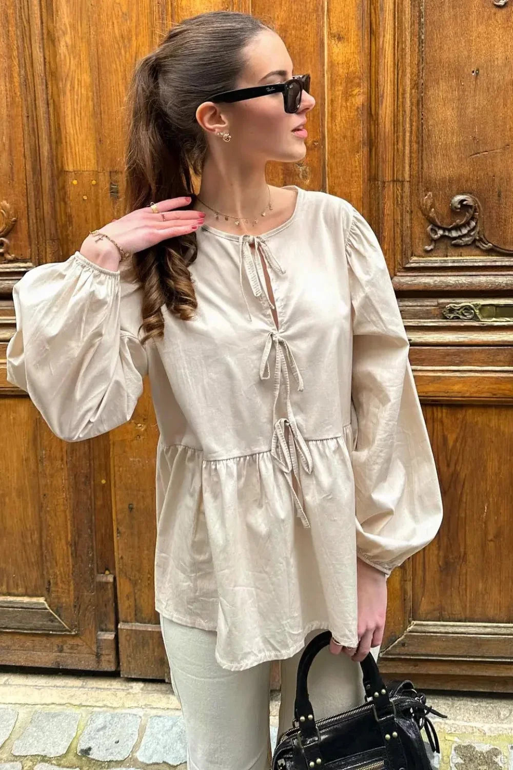 Striped Loose Fit Lace-Up Round Neck Blouse image 8