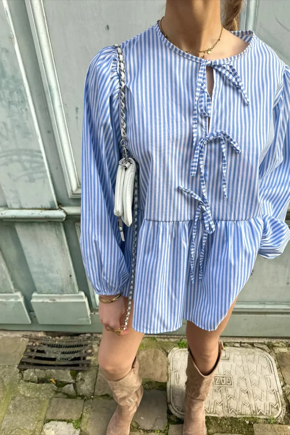 Striped Loose Fit Lace-Up Round Neck Blouse image 10