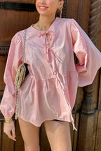 Striped Loose Fit Lace-Up Round Neck Blouse image 1