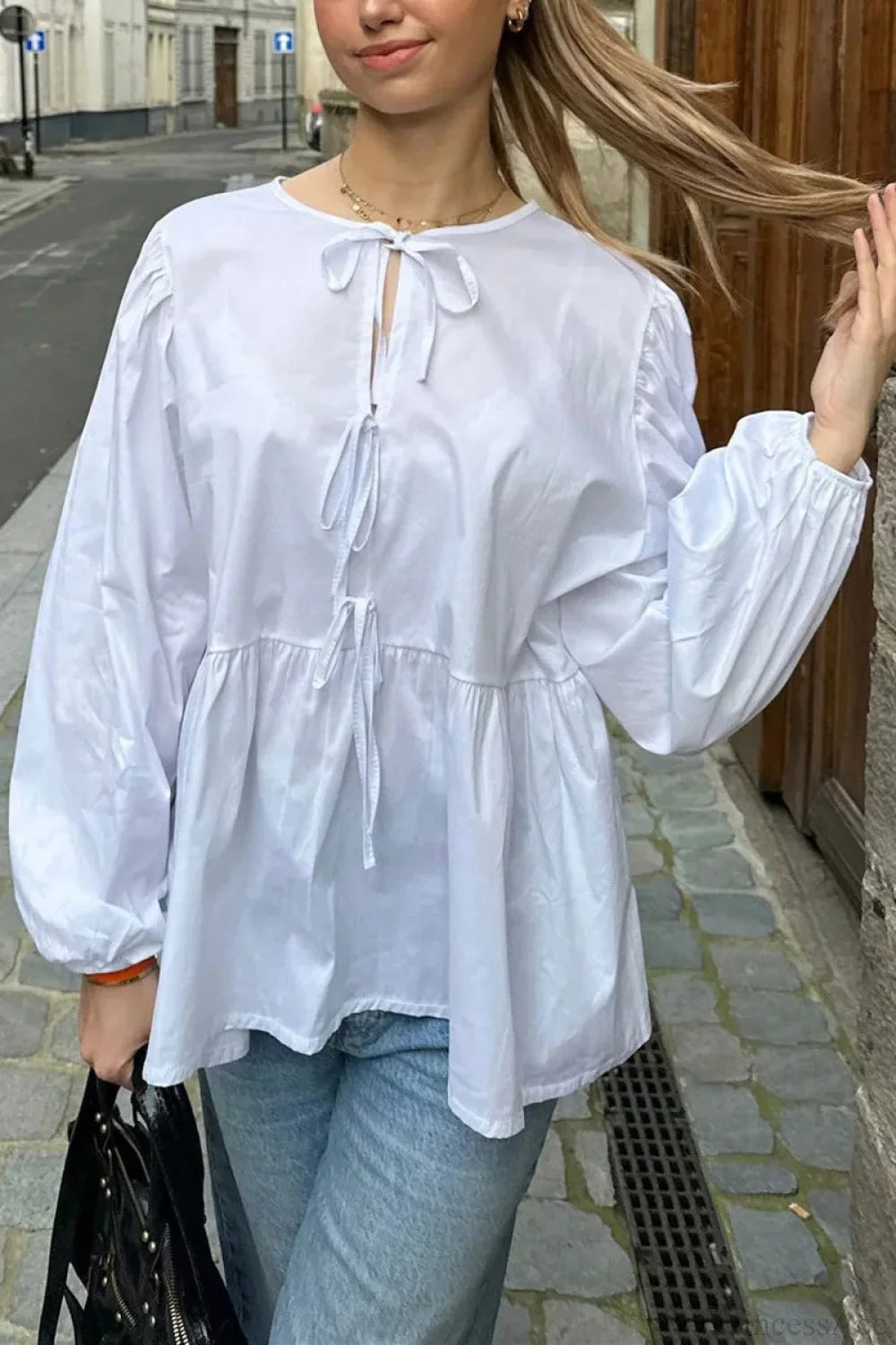 Striped Loose Fit Lace-Up Round Neck Blouse image 5