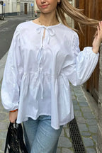 Striped Loose Fit Lace-Up Round Neck Blouse image 5