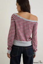 Striped Paneled Asymmetrical Neck Off Shoulder Short Long Sleeve Tee image 6