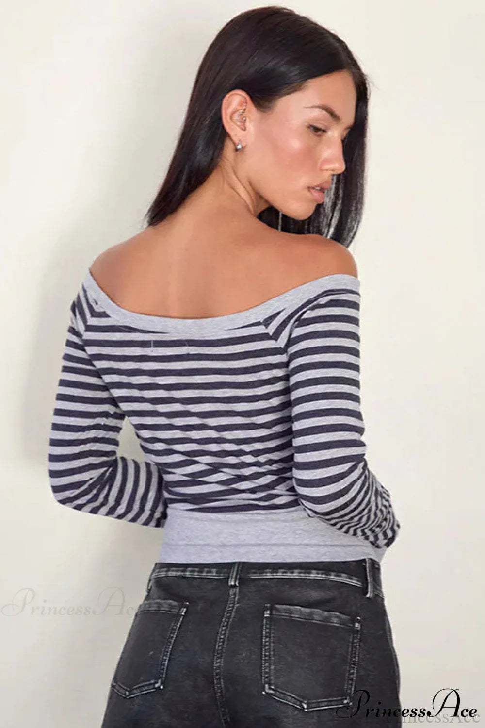 Striped Paneled Asymmetrical Neck Off Shoulder Short Long Sleeve Tee image 3