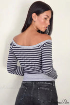 Striped Paneled Asymmetrical Neck Off Shoulder Short Long Sleeve Tee image 3