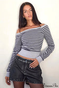 Striped Paneled Asymmetrical Neck Off Shoulder Short Long Sleeve Tee image 1