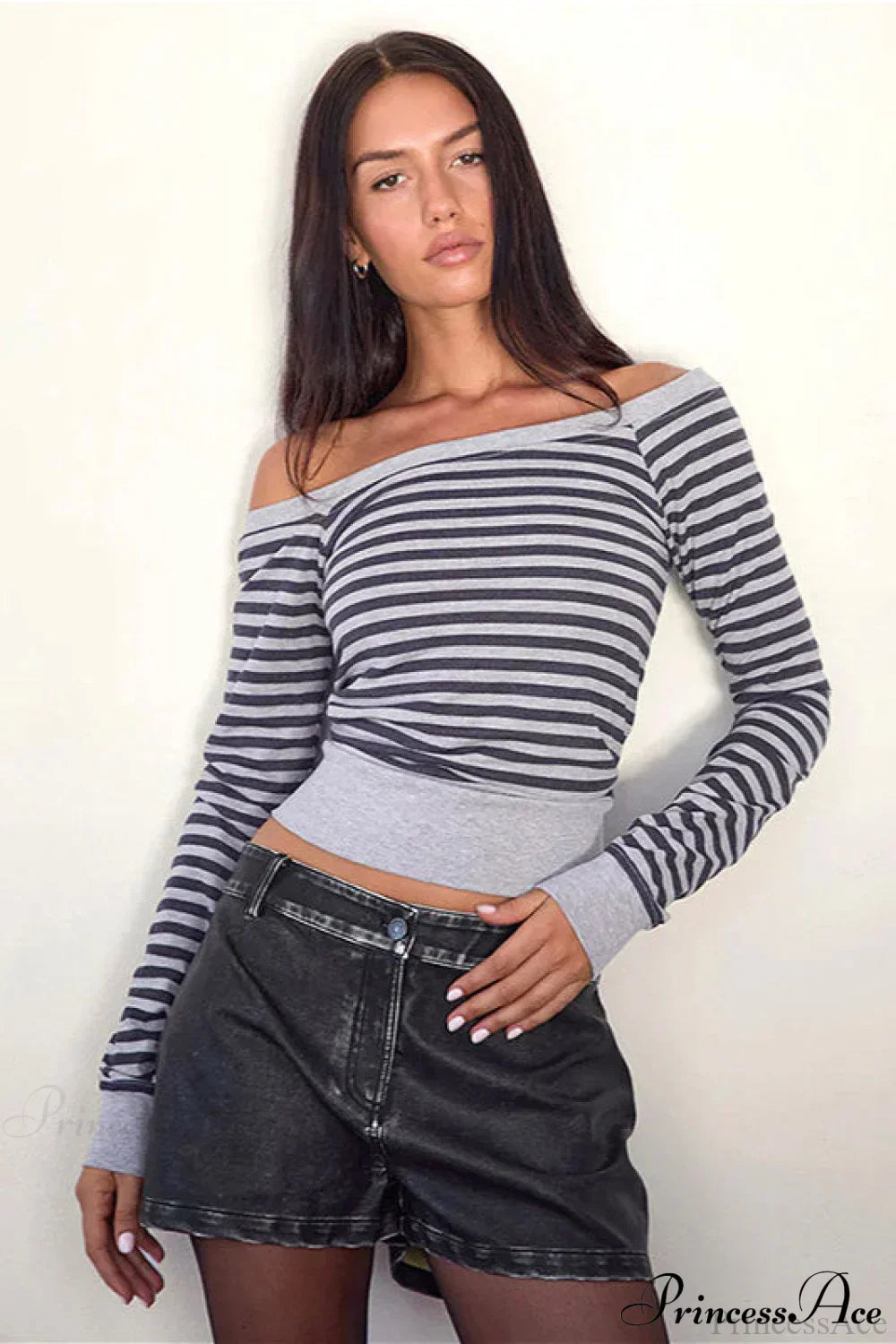 Striped Paneled Asymmetrical Neck Off Shoulder Short Long Sleeve Tee image 1