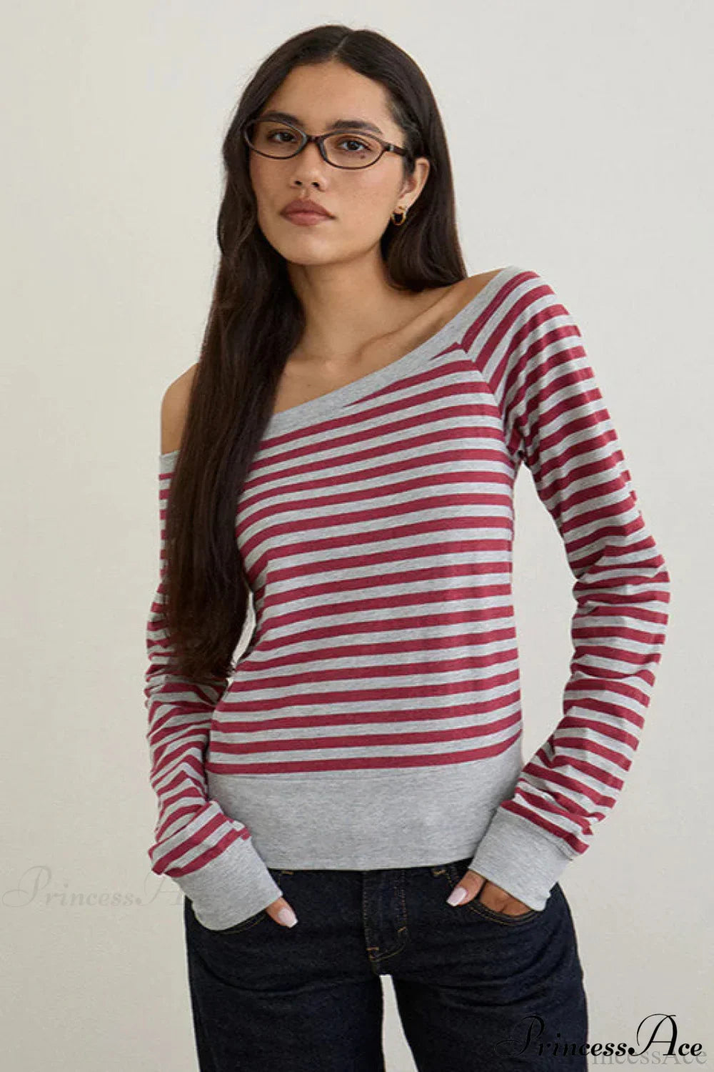 Striped Paneled Asymmetrical Neck Off Shoulder Short Long Sleeve Tee image 5