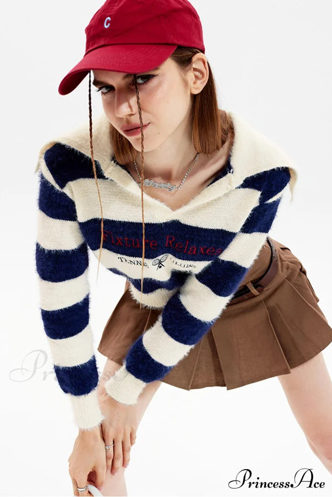Striped Patchwork Knitted Sweater with Lapel image 2