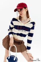 Striped Patchwork Knitted Sweater with Lapel image 1