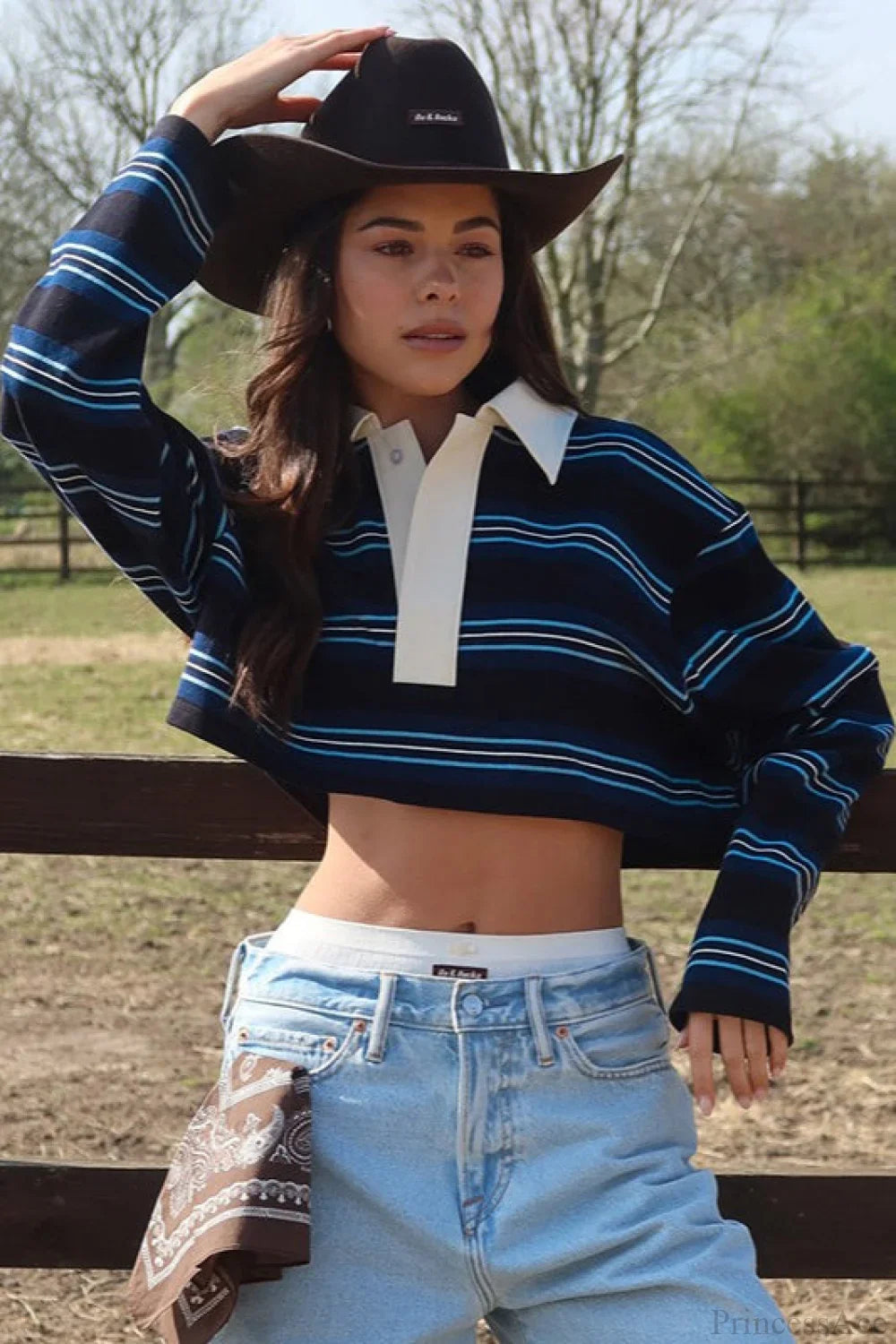 Striped Polo Neck Short Slim Pullover Long Sleeve Tee image 6