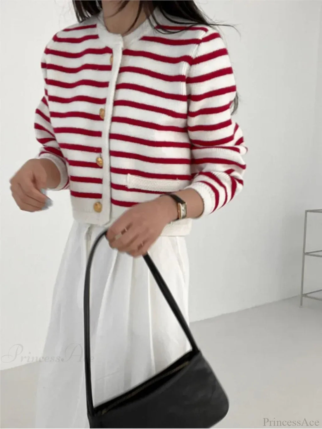 Striped Print Cropped Loose Knit Knit Cardigan image 5