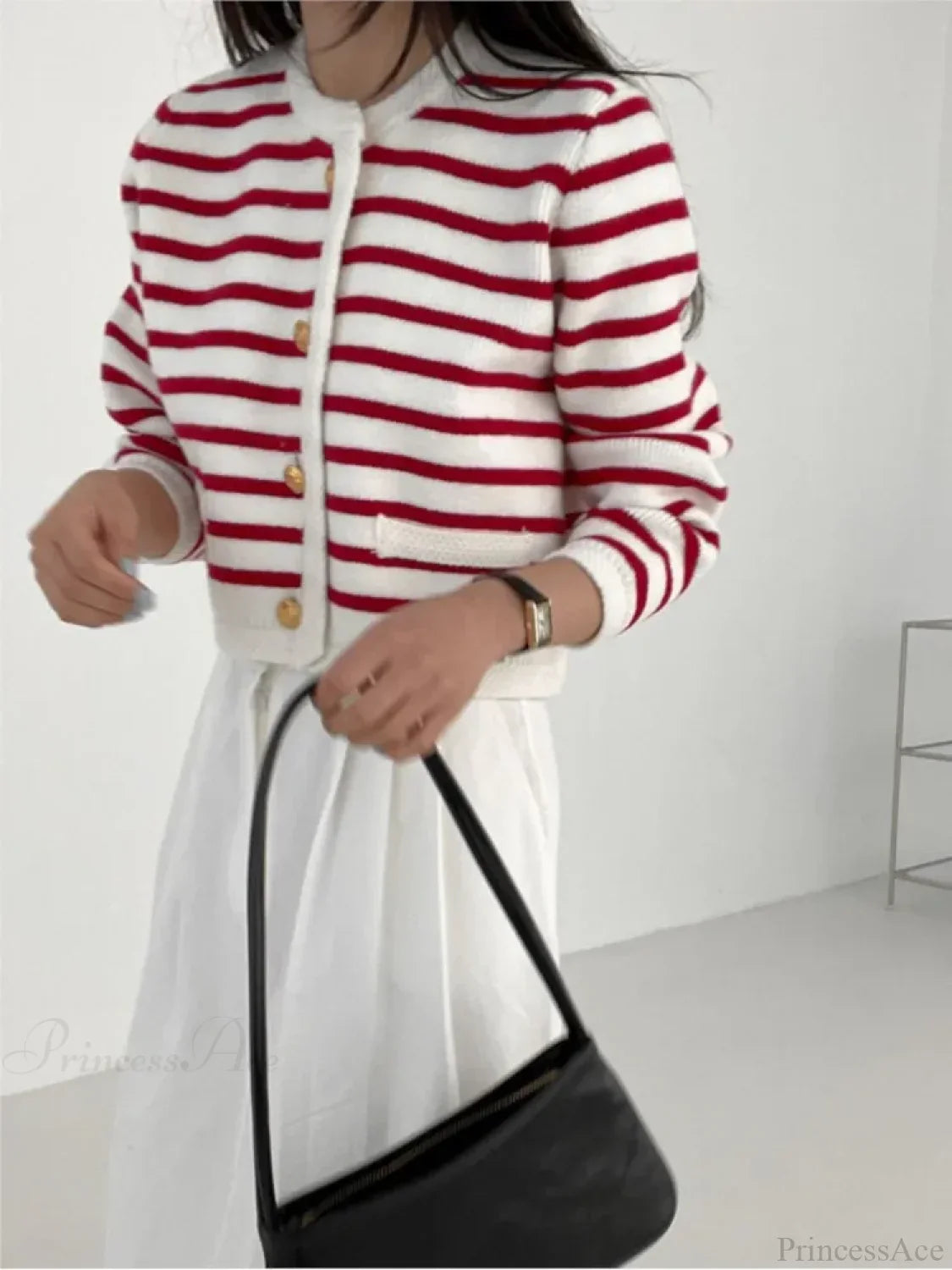 Striped Print Cropped Loose Knit Knit Cardigan image 5