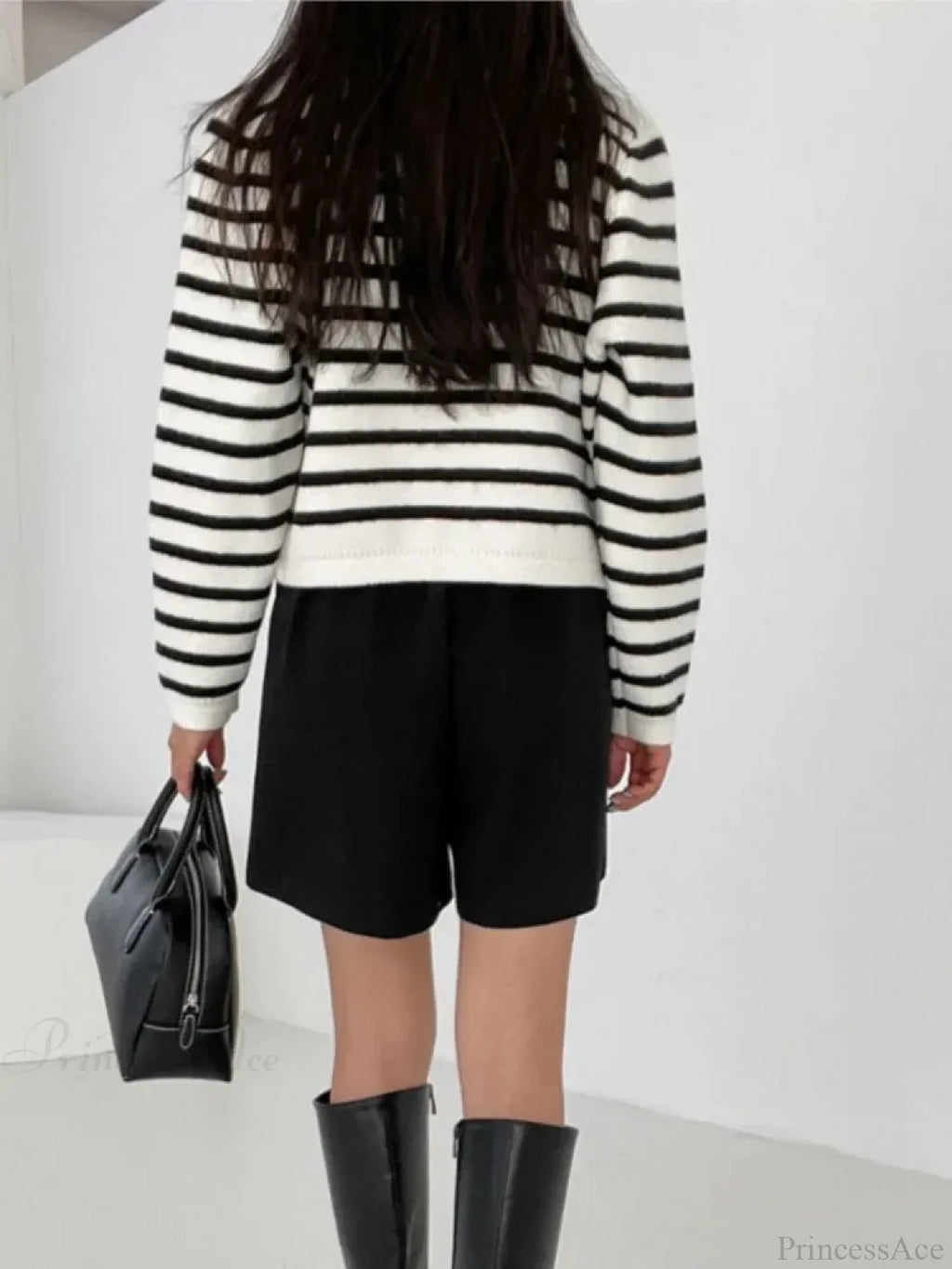 Striped Print Cropped Loose Knit Knit Cardigan image 4