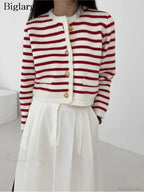 Striped Print Cropped Loose Knit Knit Cardigan image 1