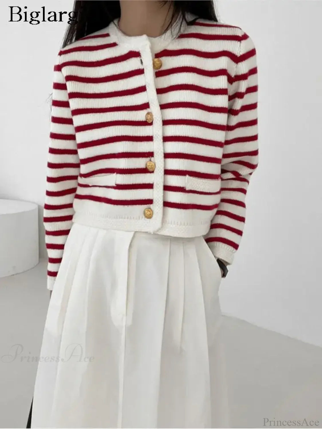 Striped Print Cropped Loose Knit Knit Cardigan image 1
