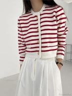 Striped Print Cropped Loose Knit Knit Cardigan image 6
