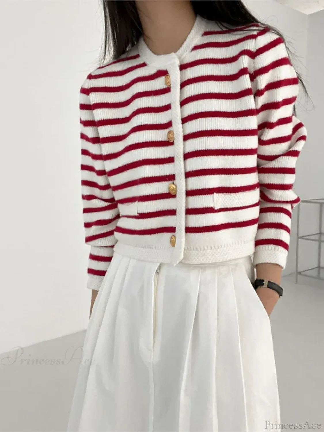 Striped Print Cropped Loose Knit Knit Cardigan image 6