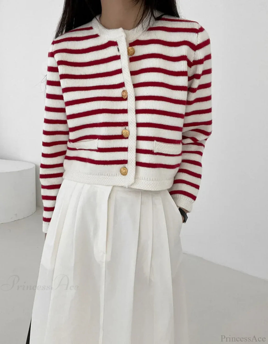 Striped Print Cropped Loose Knit Knit Cardigan image 8