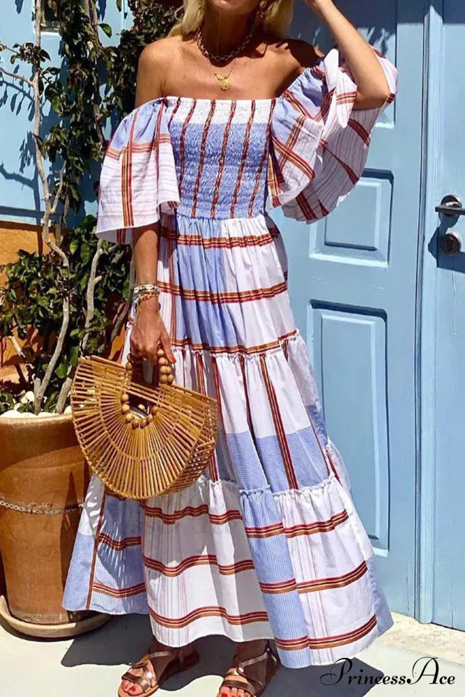Striped Print Ruffle Sleeve Tiered Dress image 1