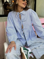 Striped Puff Sleeve Holiday Blouse image 1