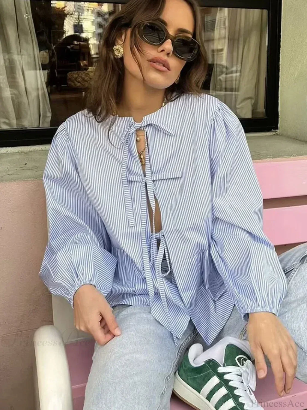 Striped Puff Sleeve Holiday Blouse image 2