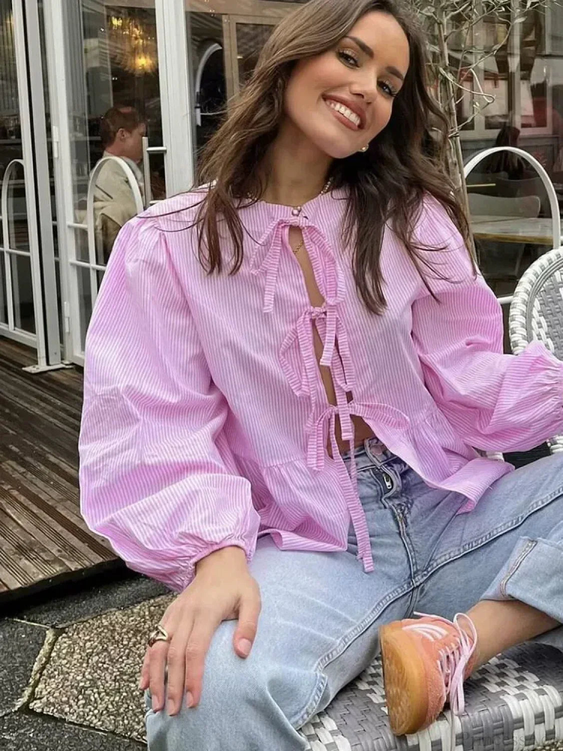 Striped Puff Sleeve Holiday Blouse image 5
