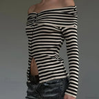 Striped Slash Neck Knit Top image 3