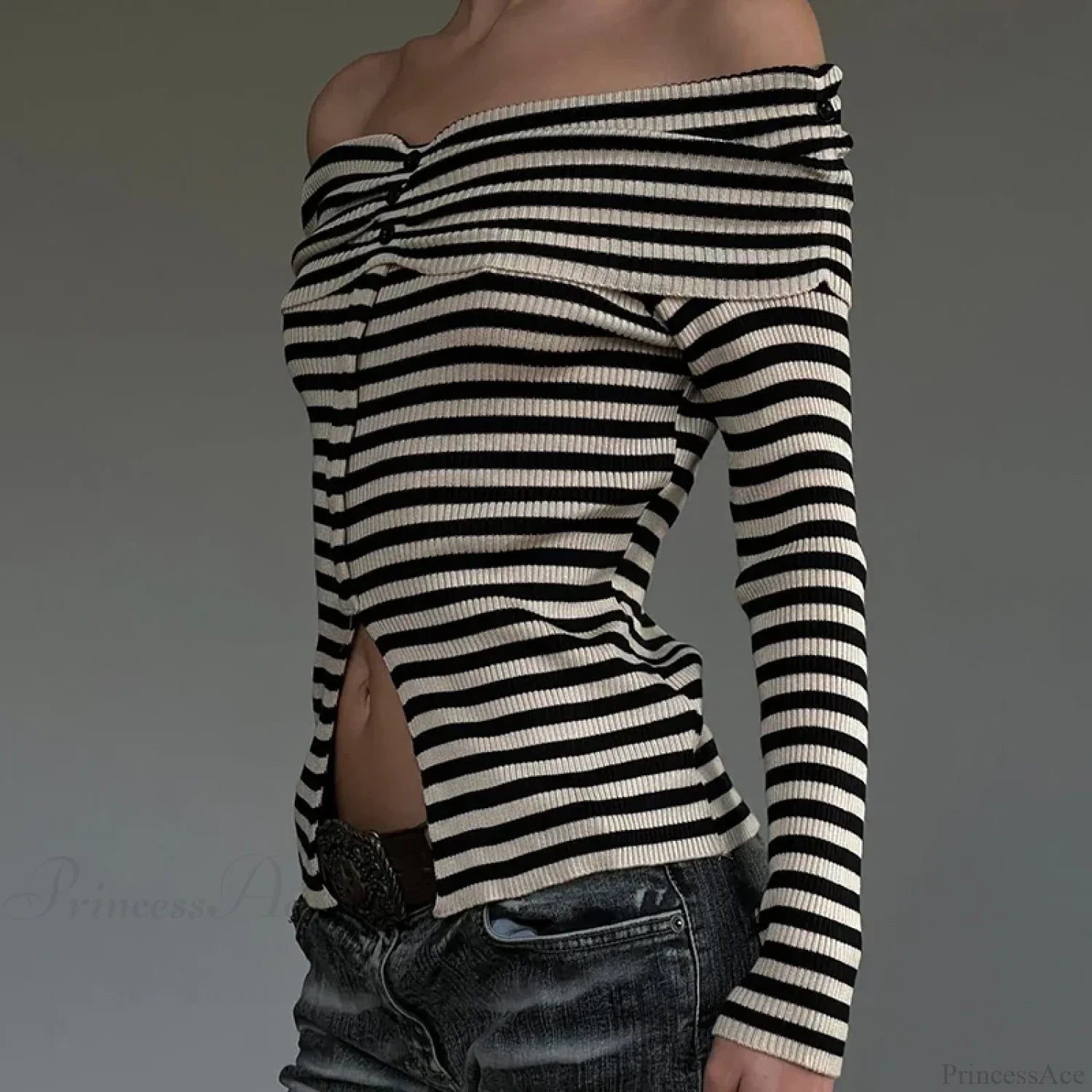 Striped Slash Neck Knit Top image 3