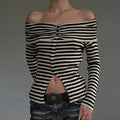 Striped Slash Neck Knit Top image 1