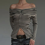 Striped Slash Neck Knit Top image 1