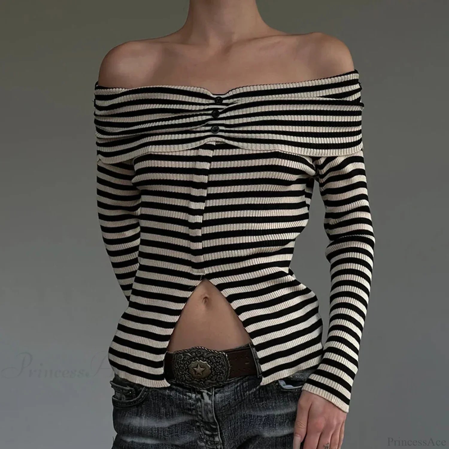 Striped Slash Neck Knit Top image 1