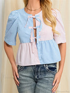 Striped Tie-Up Short Sleeve Blouse image 5