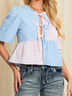 Striped Tie-Up Short Sleeve Blouse image 3