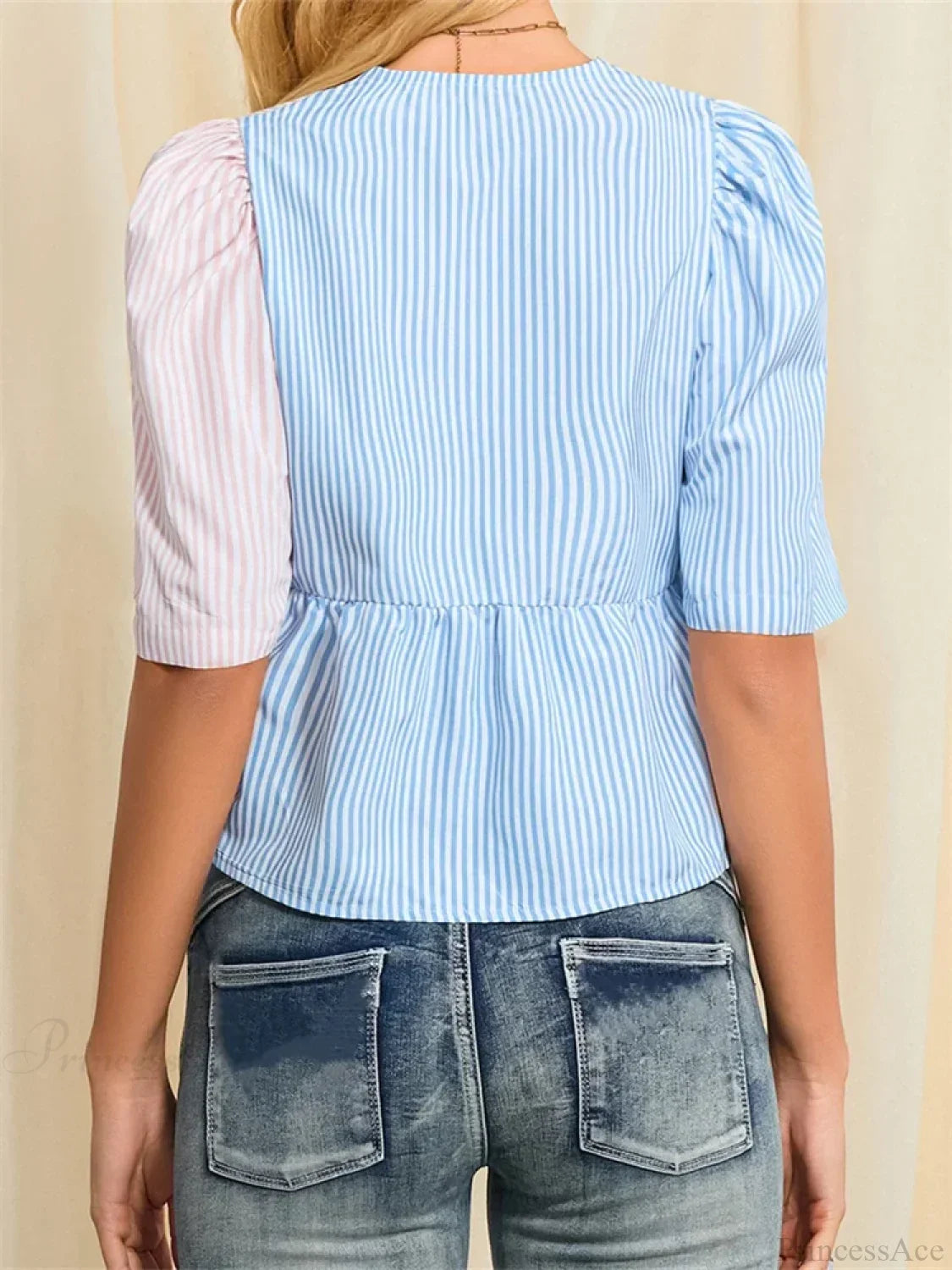 Striped Tie-Up Short Sleeve Blouse image 4