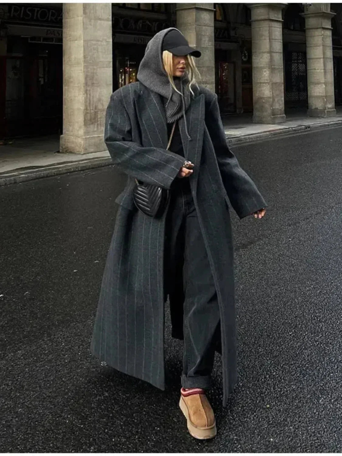 Striped Vintage Loose Lapel Woolen Overcoat image 3