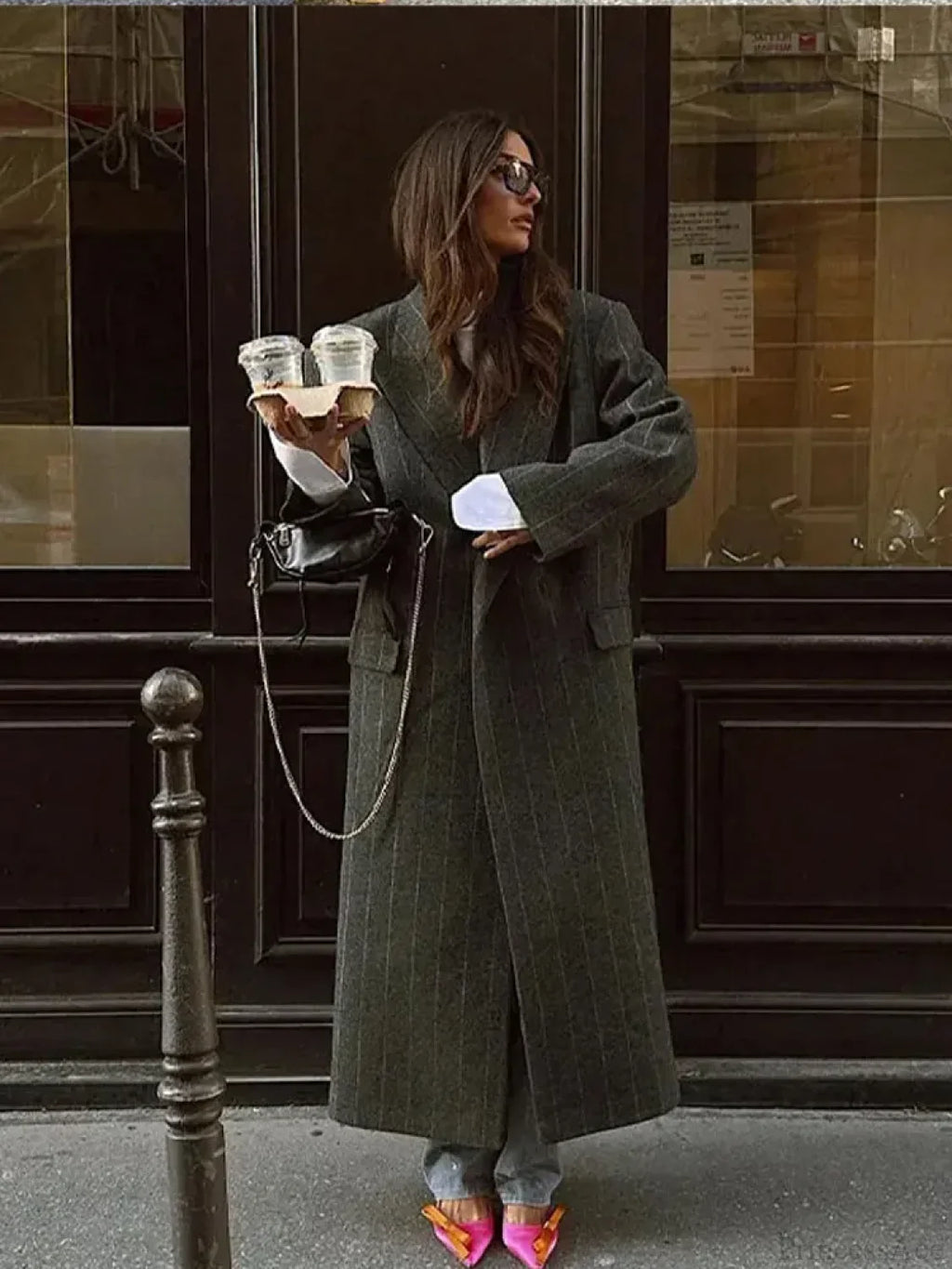 Striped Vintage Loose Lapel Woolen Overcoat image 1