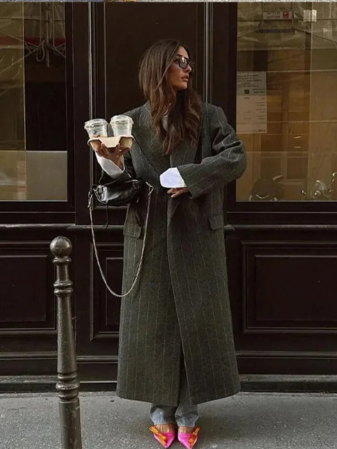 Striped Vintage Loose Lapel Woolen Overcoat image 1