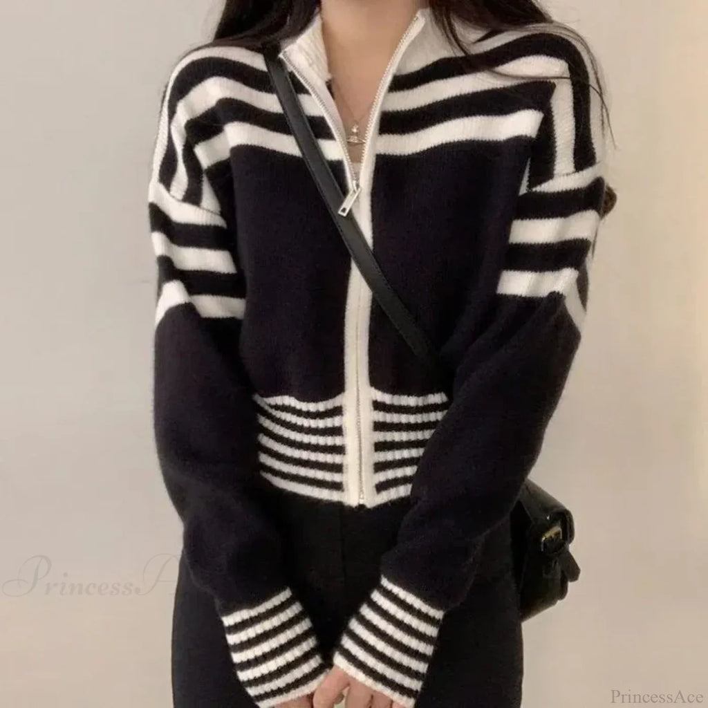Striped Zipper Stand-Up Collar Cardigan image 4