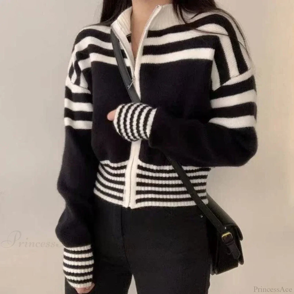 Striped Zipper Stand-Up Collar Cardigan image 6