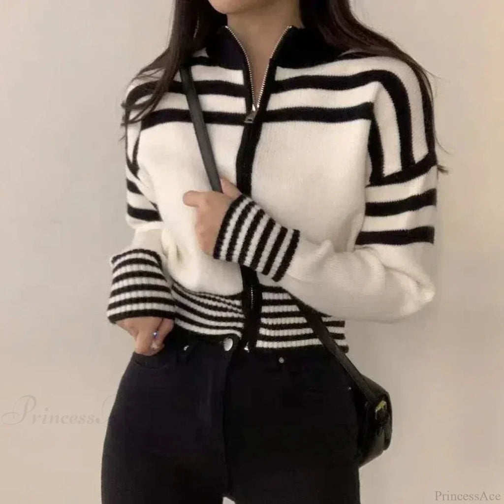 Striped Zipper Stand-Up Collar Cardigan image 3