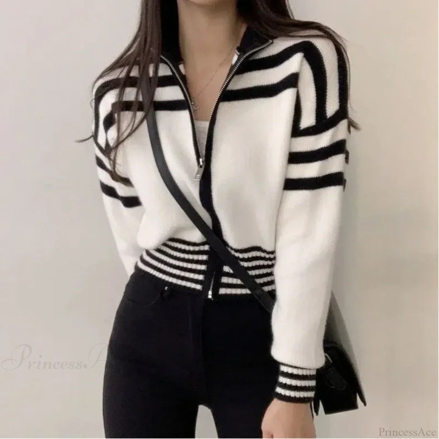 Striped Zipper Stand-Up Collar Cardigan image 2