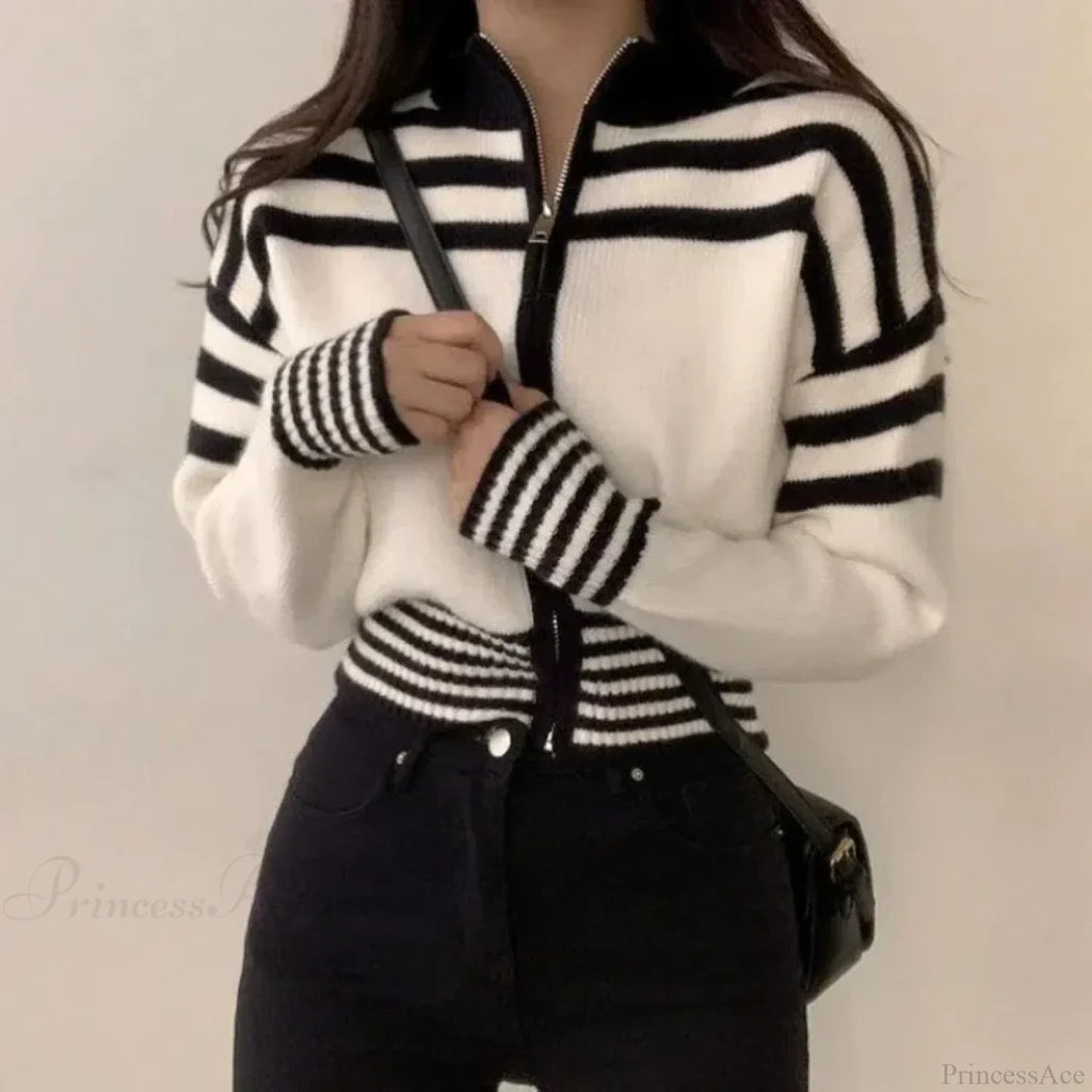 Striped Zipper Stand-Up Collar Cardigan image 1