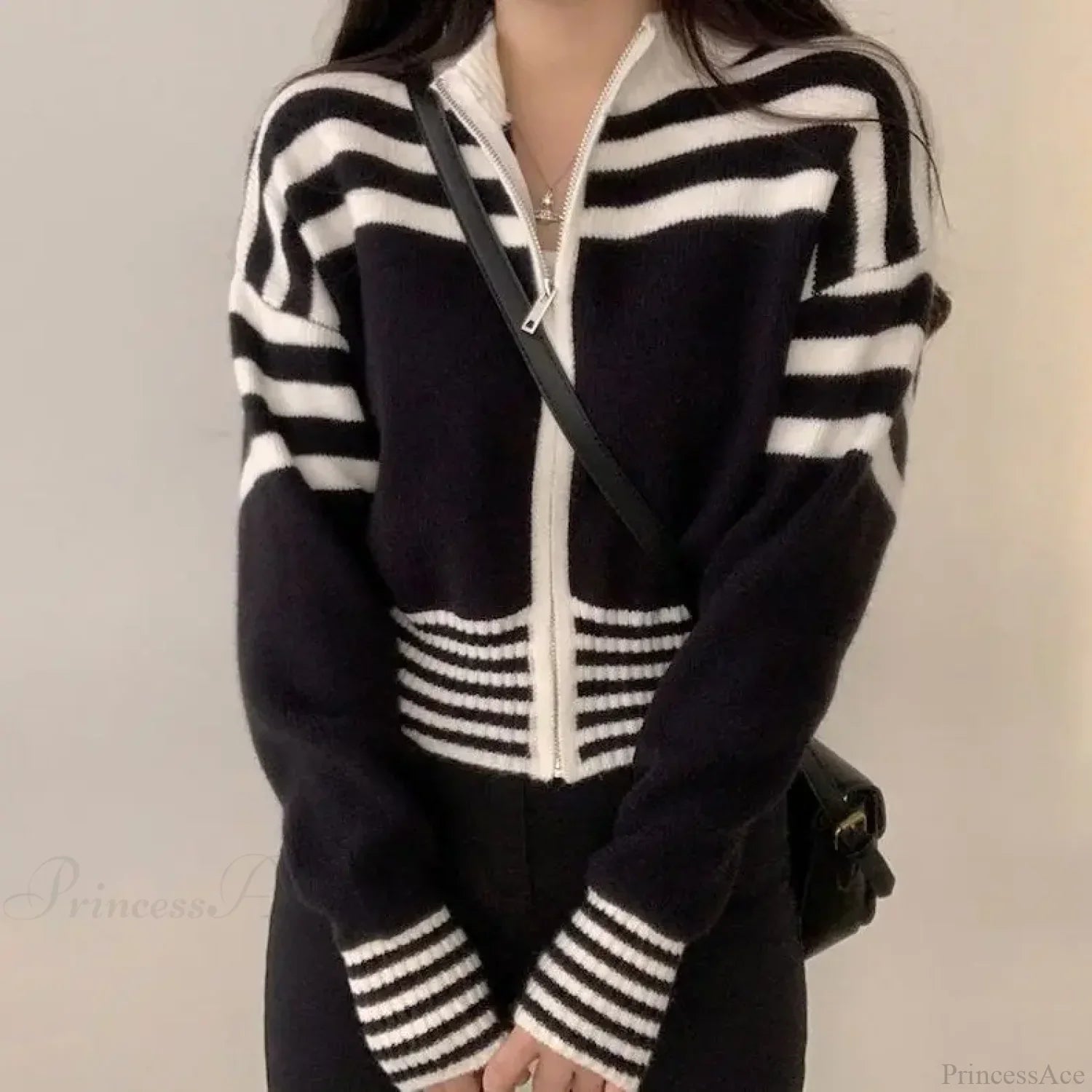 Striped Zipper Stand-Up Collar Cardigan image 7