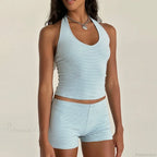 Stripes Print Sleeveless V Neck Halter Crop Low Waist Shorts Two Pieces Set image 1