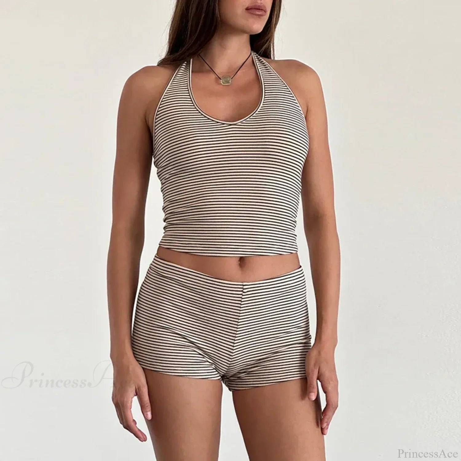 Stripes Print Sleeveless V Neck Halter Crop Low Waist Shorts Two Pieces Set image 6